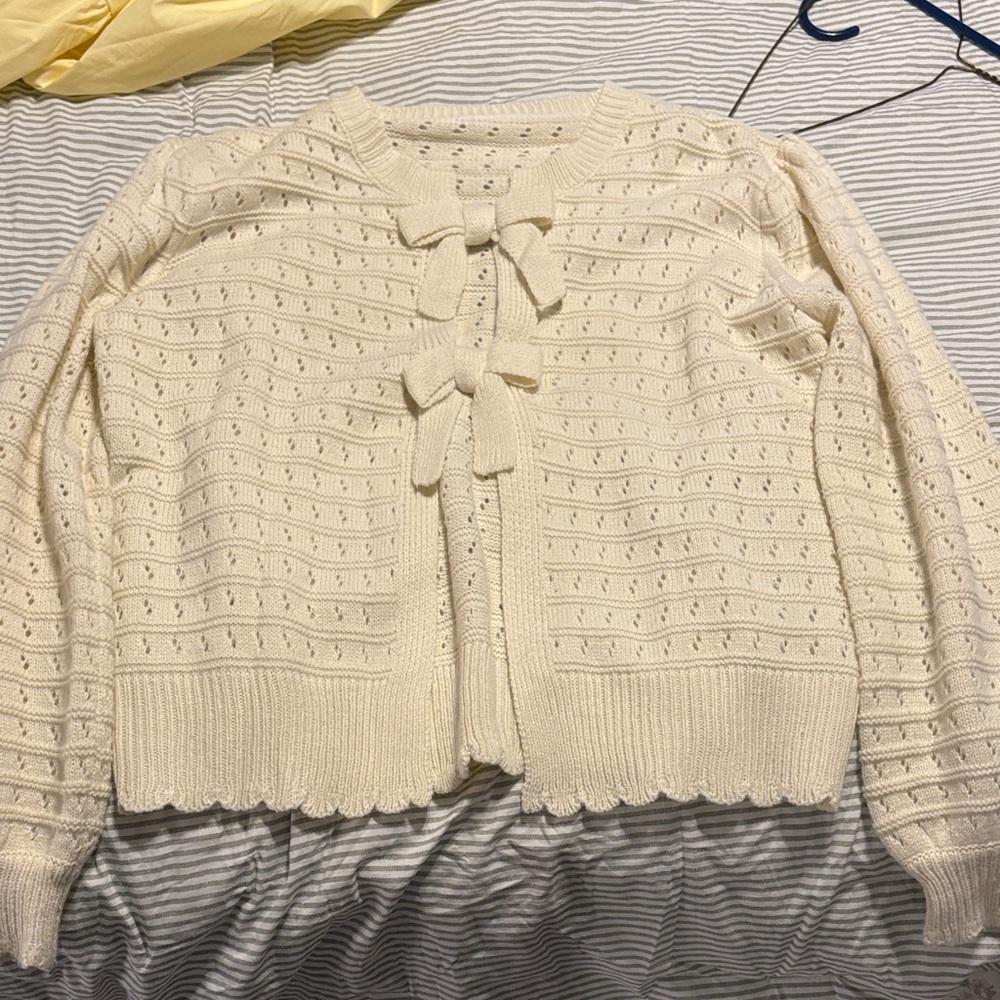 Cream Knit Bow-Front Women's Sweater Cardigan